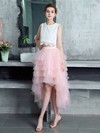 A-line Scoop Neck Lace Tulle Asymmetrical Tiered Bridesmaid Dresses #PWD010020105394