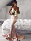 Trumpet/Mermaid V-neck Silk-like Satin Sweep Train Appliques Lace Bridesmaid Dresses #PWD010020105512
