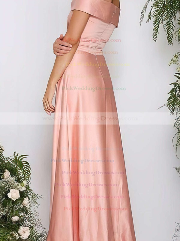 A-line Off-the-shoulder Silk-like Satin Sweep Train Ruffles Bridesmaid Dresses #PWD010020105737