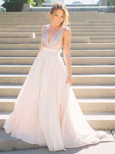 Ball Gown V-neck Tulle Sequined Sweep Train Sashes / Ribbons Bridesmaid Dresses #PWD010020106039