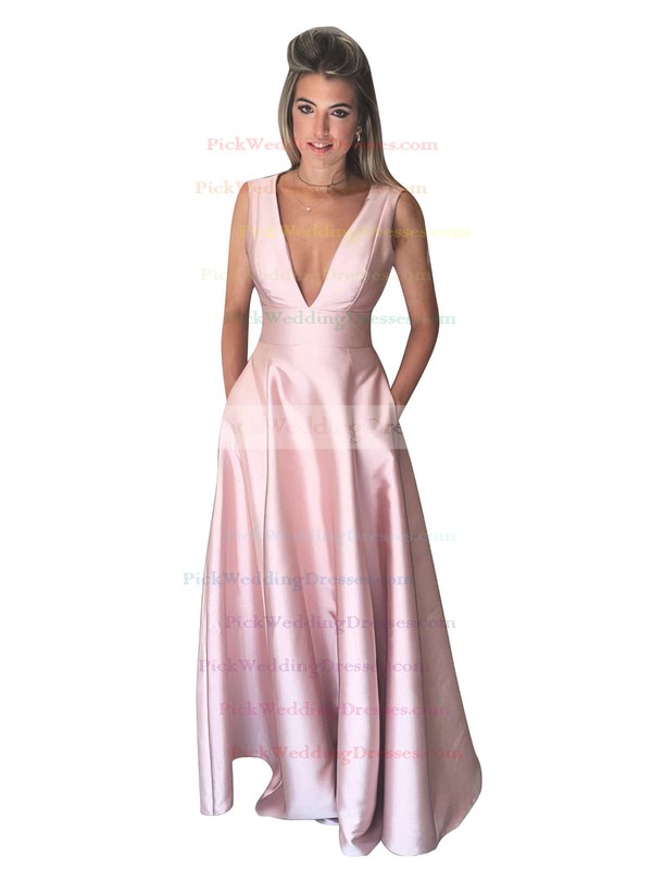 A-line V-neck Satin Floor-length Pockets Bridesmaid Dresses #PWD010020106098