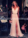 A-line V-neck Chiffon Sweep Train Lace Bridesmaid Dresses #PWD01002018761