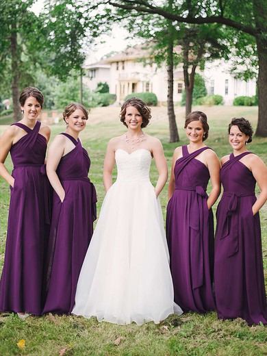 Chiffon V-neck Floor-length A-line Sashes / Ribbons Bridesmaid Dresses #PWD01013747