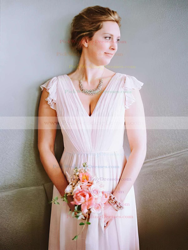 Chiffon V-neck Tea-length A-line Ruffles Bridesmaid Dresses #PWD01013754