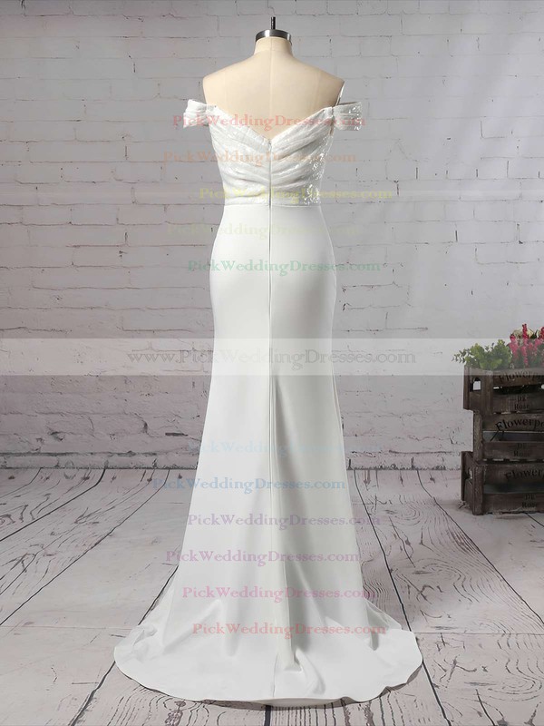 Sequined Silk-like Satin Off-the-shoulder Sweep Train Trumpet/Mermaid Ruffles Bridesmaid Dresses #PWD01013743