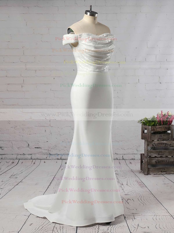 Sequined Silk-like Satin Off-the-shoulder Sweep Train Trumpet/Mermaid Ruffles Bridesmaid Dresses #PWD01013743