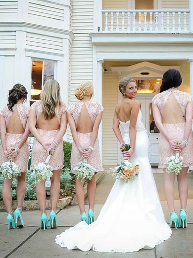 Lace Scoop Neck Short/Mini Sheath/Column Bridesmaid Dresses #PWD01013740