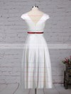 Satin V-neck Tea-length Princess Sashes / Ribbons Wedding Dresses #PWD00023271