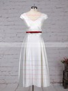 Satin V-neck Tea-length Princess Sashes / Ribbons Wedding Dresses #PWD00023271