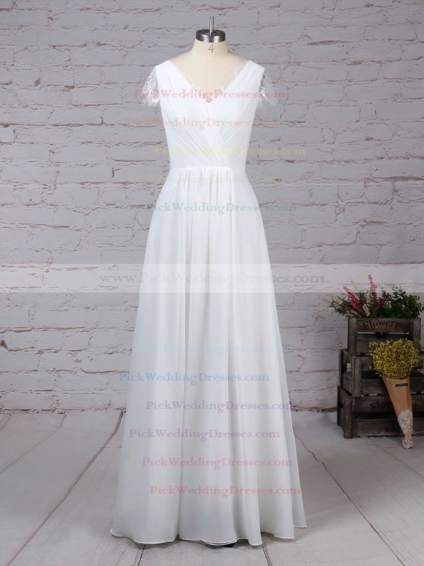Lace Chiffon V-neck Floor-length A-line Ruffles Wedding Dresses #PWD00023283
