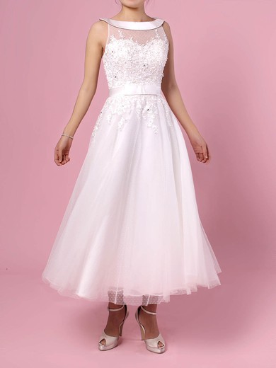 Tulle Scoop Neck Tea-length Ball Gown Beading Wedding Dresses #PWD00023272