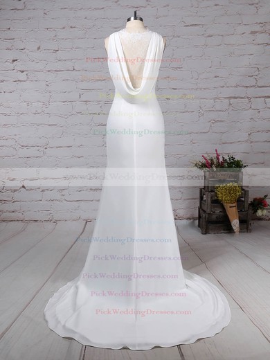 Lace Satin Chiffon Scoop Neck Sweep Train Sheath/Column Appliques Lace Wedding Dresses #PWD00023257
