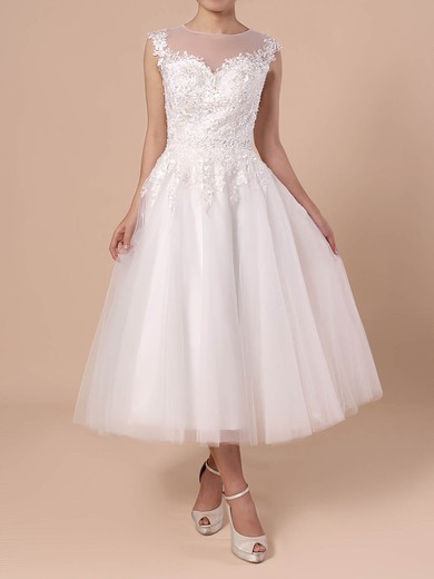 Tulle Scoop Neck Tea-length Ball Gown Beading Wedding Dresses #PWD00023268