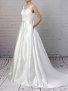 Satin Tulle Scoop Neck Sweep Train Ball Gown Appliques Lace Wedding Dresses #PWD00023170