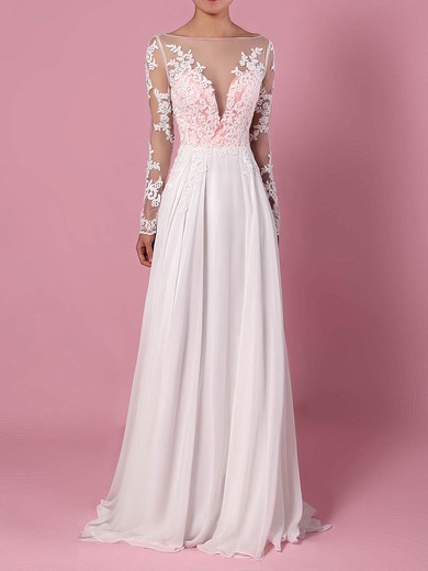Chiffon Tulle Scoop Neck Sweep Train A-line Appliques Lace Wedding Dresses #PWD00023209