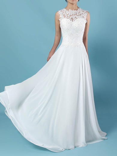 Chiffon Tulle Scoop Neck Floor-length A-line Appliques Lace Wedding Dresses #PWD00023305