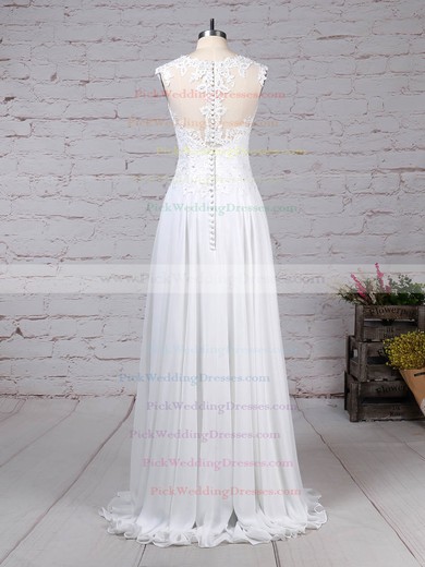 Chiffon Tulle Scoop Neck Floor-length A-line Appliques Lace Wedding Dresses #PWD00023305