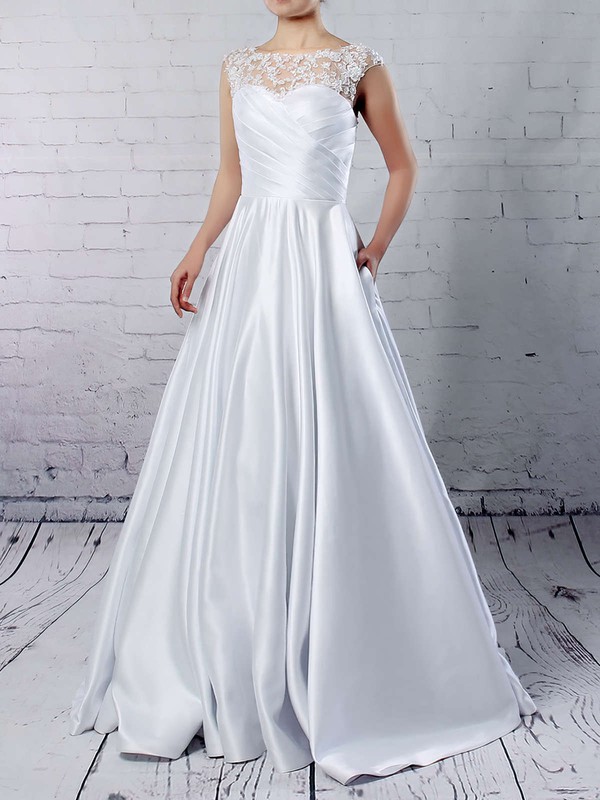 Satin Tulle Scoop Neck Floor-length Ball Gown Appliques Lace Wedding Dresses #PWD00023313
