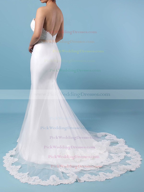 Lace Organza V-neck Sweep Train Trumpet/Mermaid Appliques Lace Wedding Dresses #PWD00023228