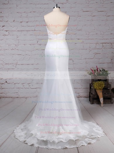 Lace Organza V-neck Sweep Train Trumpet/Mermaid Appliques Lace Wedding Dresses #PWD00023228