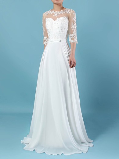 Chiffon Tulle Scoop Neck Floor-length A-line Appliques Lace Wedding Dresses #PWD00023279