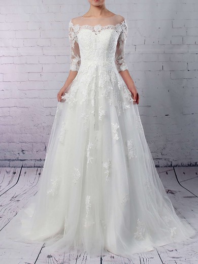 Tulle Scoop Neck Sweep Train Princess Appliques Lace Wedding Dresses #PWD00023162