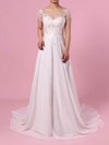 Chiffon Tulle Scoop Neck Sweep Train A-line Beading Wedding Dresses #PWD00023165