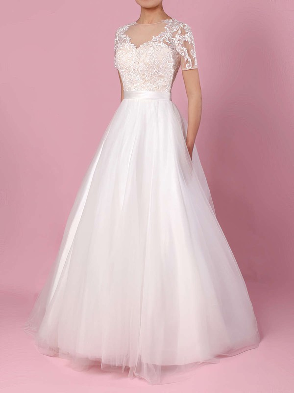 Tulle Scoop Neck Sweep Train Ball Gown Appliques Lace Wedding Dresses #PWD00023225
