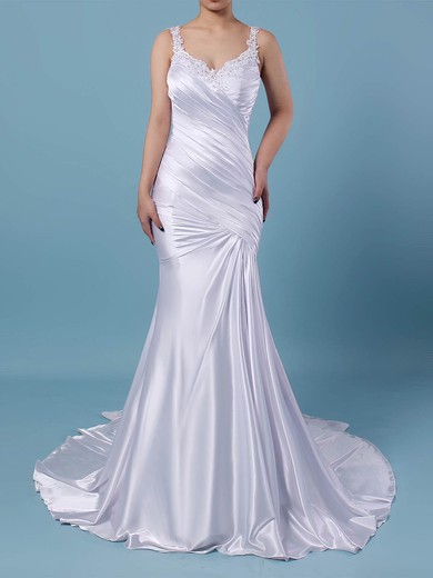 Tulle Silk-like Satin V-neck Sweep Train Trumpet/Mermaid Beading Wedding Dresses #PWD00023242