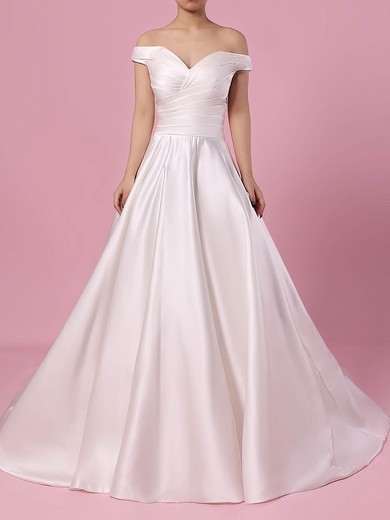 Satin Off-the-shoulder Sweep Train Ball Gown Ruffles Wedding Dresses #PWD00023252