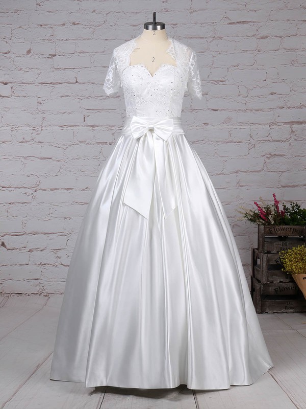 Lace Satin Sweetheart Floor-length Ball Gown Bow Wedding Dresses #PWD00023256