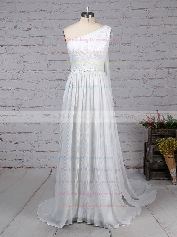 Chiffon One Shoulder Sweep Train Empire Beading Wedding Dresses #PWD00023261