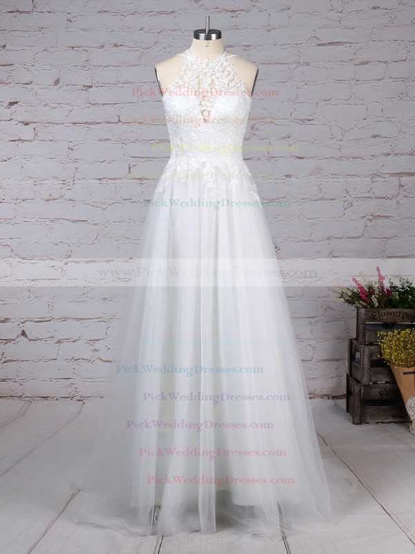 Tulle Scoop Neck Sweep Train A-line Appliques Lace Wedding Dresses #PWD00023266