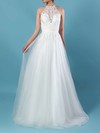 Tulle Scoop Neck Sweep Train A-line Appliques Lace Wedding Dresses #PWD00023266