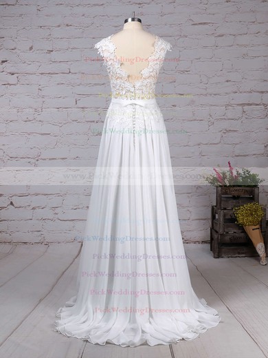 Lace Chiffon Scoop Neck Sweep Train A-line Sashes / Ribbons Wedding Dresses #PWD00023294