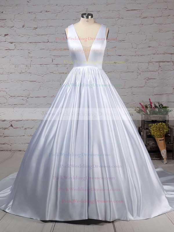 Satin V-neck Court Train Ball Gown Beading Wedding Dresses #PWD00023311