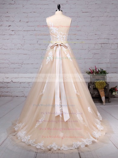 Tulle Scoop Neck Sweep Train Ball Gown Beading Wedding Dresses #PWD00023186