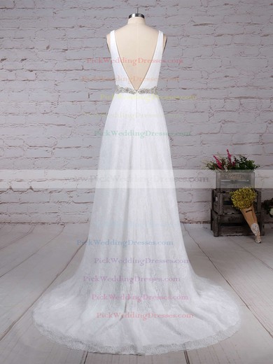 Lace Tulle V-neck Sweep Train A-line Sashes / Ribbons Wedding Dresses #PWD00023210