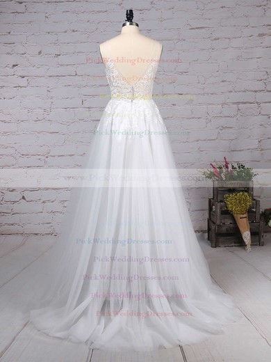 Tulle V-neck Sweep Train A-line Appliques Lace Wedding Dresses #PWD00023215