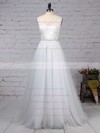 Tulle V-neck Sweep Train A-line Appliques Lace Wedding Dresses #PWD00023215