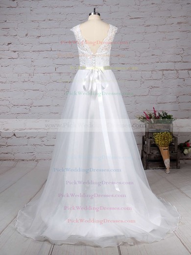 Chiffon V-neck Sweep Train Princess Appliques Lace Wedding Dresses #PWD00023282
