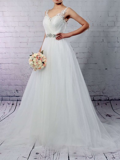 Tulle V-neck Sweep Train Princess Beading Wedding Dresses #PWD00023288