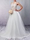 Tulle Scoop Neck Sweep Train Princess Appliques Lace Wedding Dresses #PWD00023309