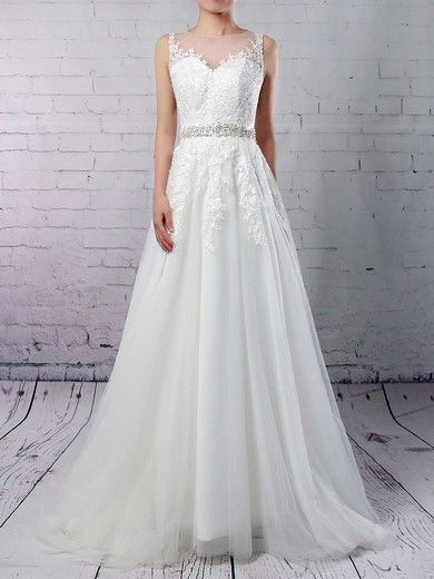 Tulle Scoop Neck Sweep Train A-line Appliques Lace Wedding Dresses #PWD00023318