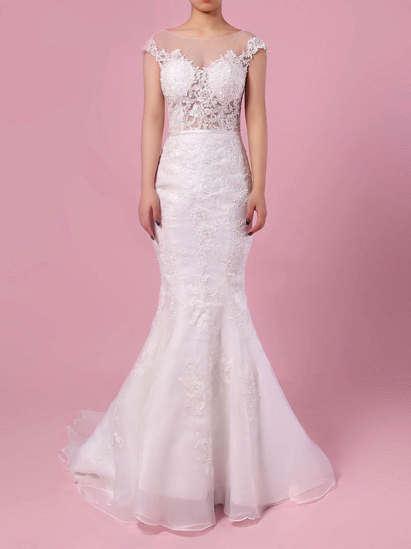 Tulle Scoop Neck Sweep Train Trumpet/Mermaid Appliques Lace Wedding Dresses #PWD00023152