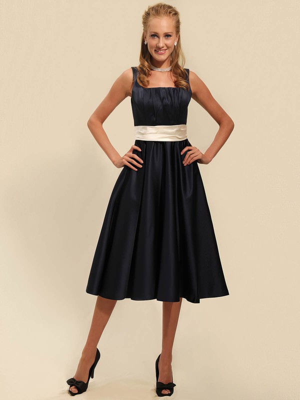 A-line Tea-length Satin Sashes/Ribbons Square Bridesmaid Dresses #PWD02042135
