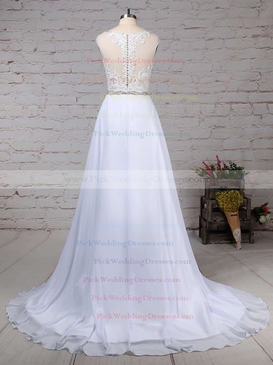 Chiffon Tulle V-neck Sweep Train Princess Beading Wedding Dresses #PWD00023181