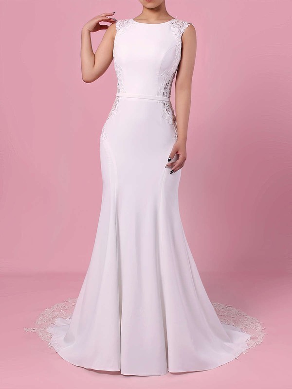 Tulle Satin Chiffon Scoop Neck Sweep Train Trumpet/Mermaid Appliques Lace Wedding Dresses #PWD00023278