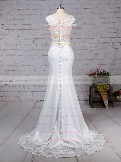Tulle Satin Chiffon Scoop Neck Sweep Train Trumpet/Mermaid Appliques Lace Wedding Dresses #PWD00023278
