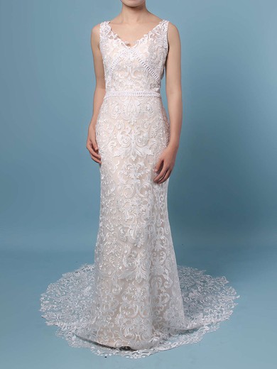 Lace V-neck Sweep Train Trumpet/Mermaid Appliques Lace Wedding Dresses #PWD00023284